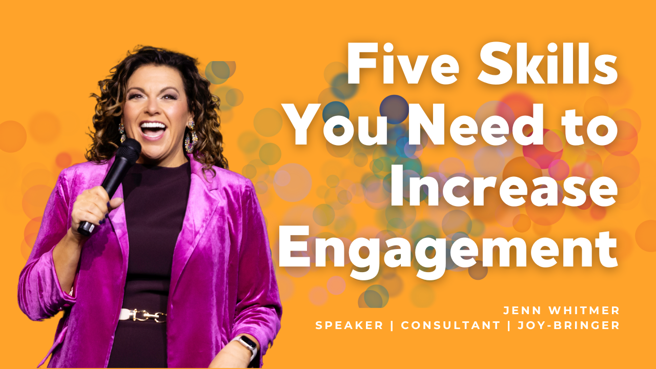 A photo of Jenn Whitmer speaking with a title of five skills you need to increase engagement